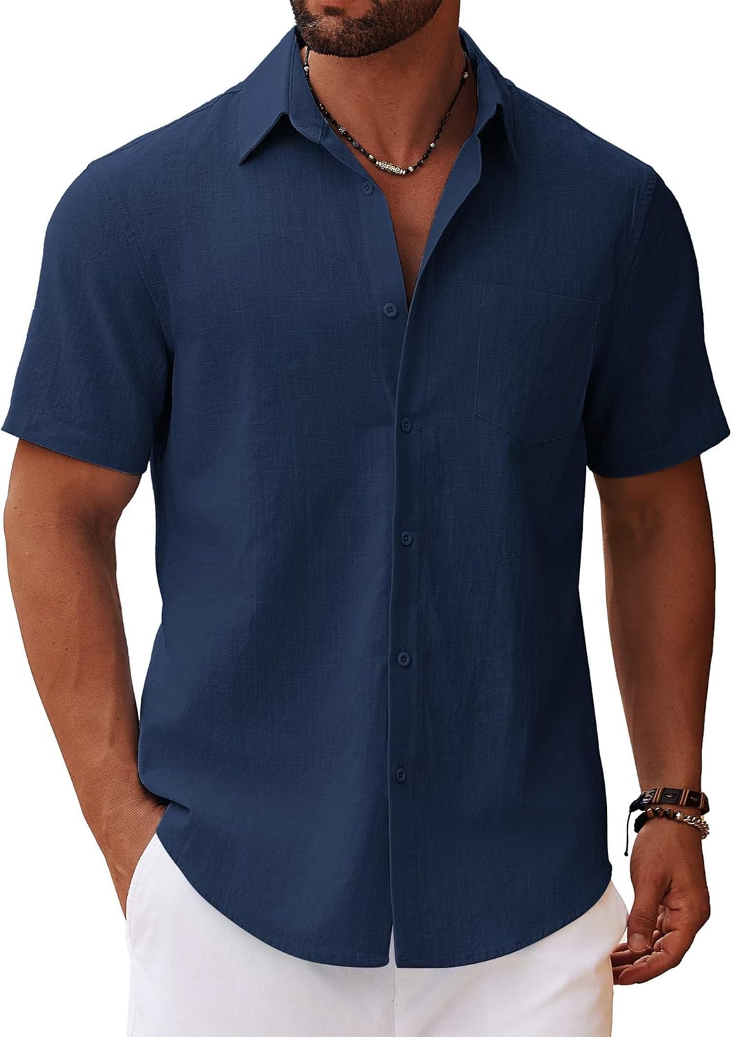 COOFANDY Men's Button Down Short Sleeve Shirt Casual Cotton Summer Beach Linen Wedding Shirts with Pocket