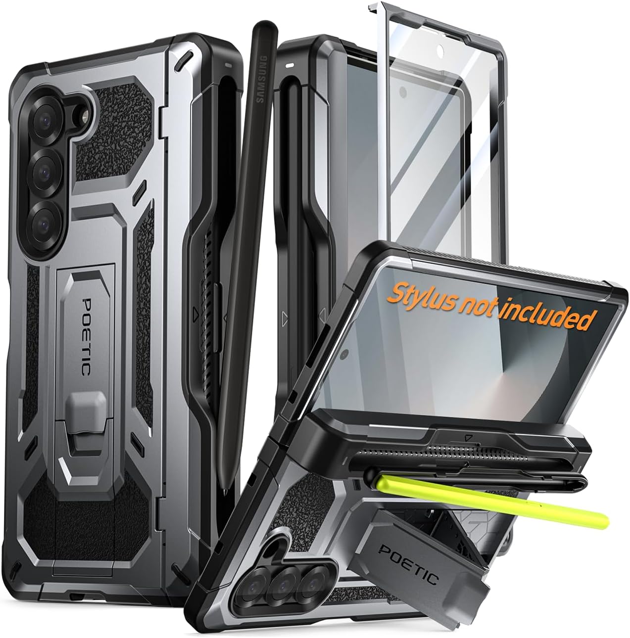 Poetic Spartan Case for Galaxy Z Fold 6, [Hinge Protection][Kickstand][Compatible with Fold 3/4/5/6 S Pen] Full-Body Protective Rugged Cover with Pencil Holder, Screen Protector, Metallic Gun Metal