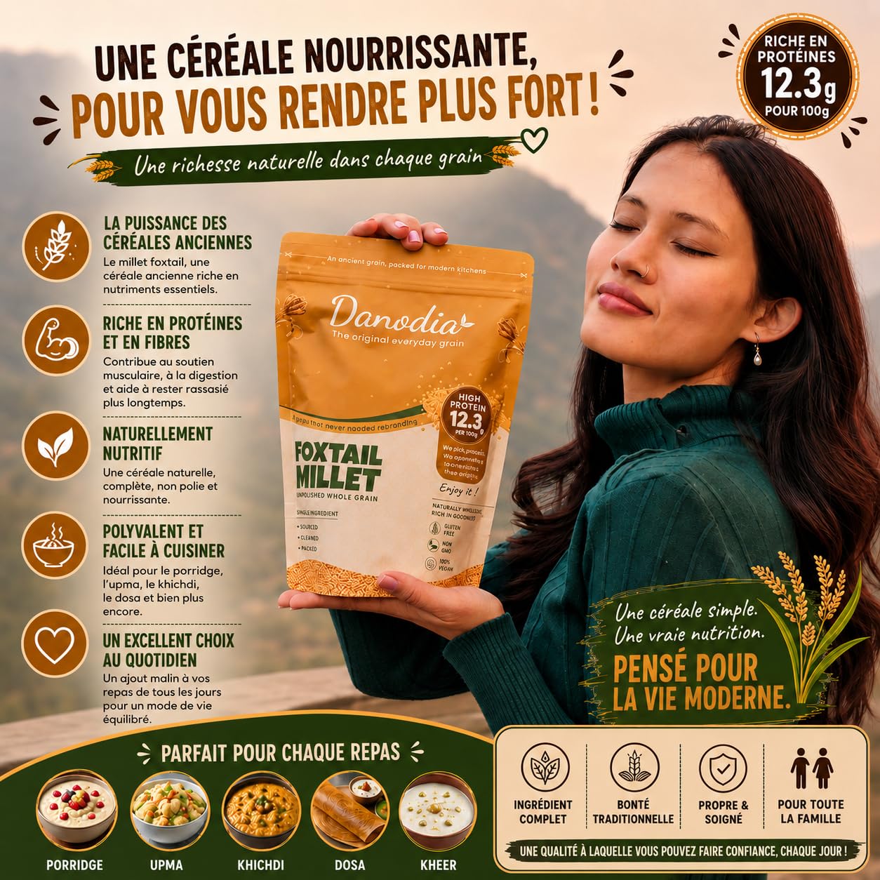 Danodia Foods Millet Queue-de-Renard Entier 950 g / 2 lb | Foxtail Millet décortiqué et non poli | Céréale sans gluten cultivée en Inde | Pour bols, porridge, accompagnements et recettes maison