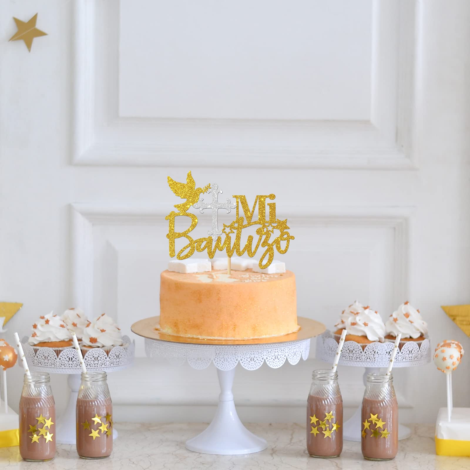 Gyufise Kuchendekoration „Mi Bautizo“ – Rotgoldener Aufsteller Für Taufe, Erstkommunion, Babyparty (13,5x19,1 Cm)