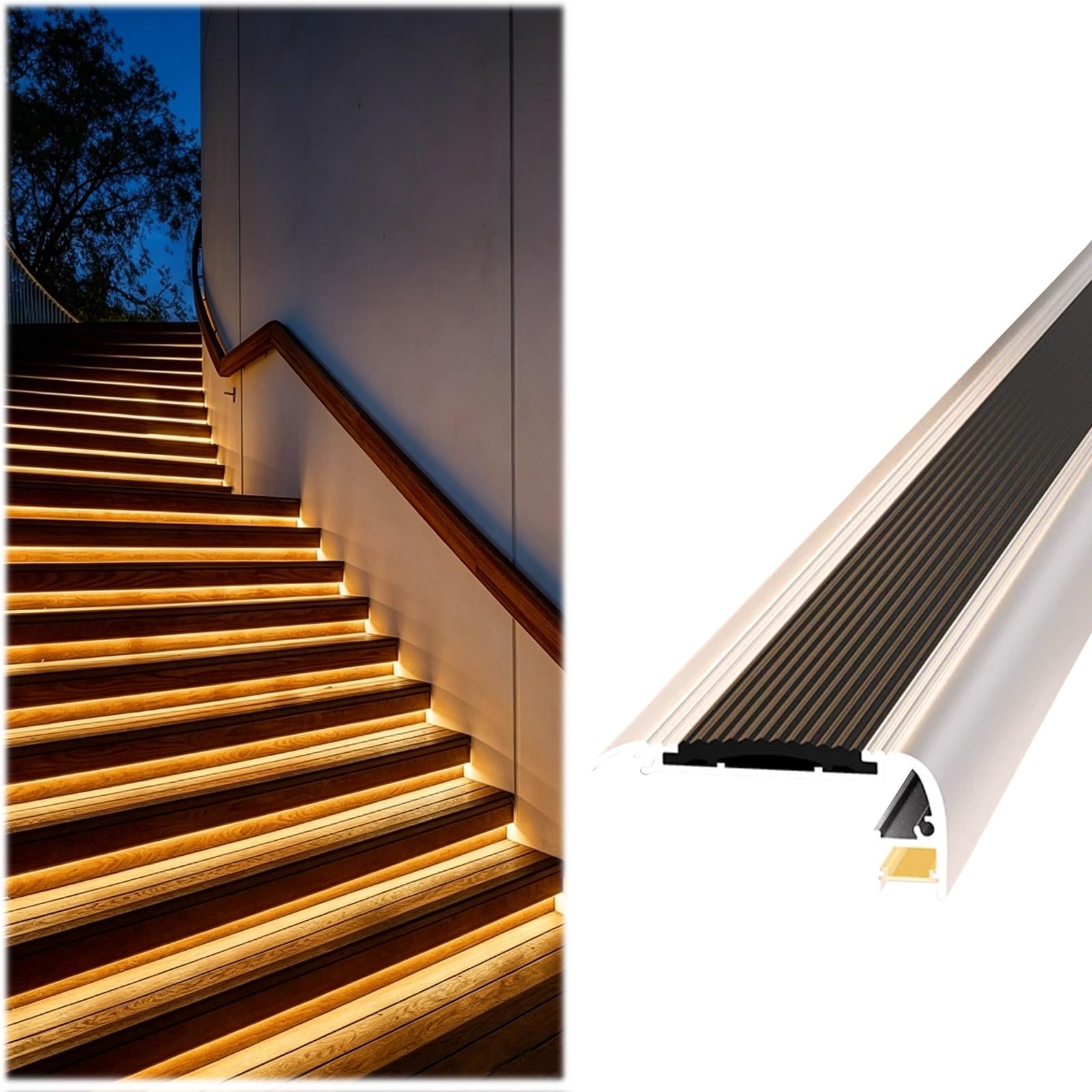 YLLFFLL Stair Tread Edge Protectors with Light Slot, 36 48 60 72 84 96 inch Step Covers Edge Trim & Nosing Strip for Factory/Workshop/Villa, Staircase Trim(Black,74in(188cm))
