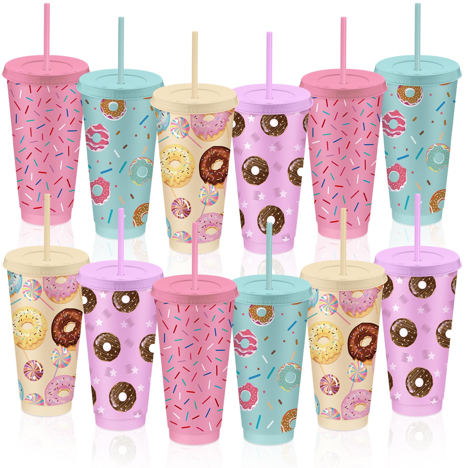 FoldTier 12 Pack Donut Cups with Lids Straw Plastic Donut Gift Cups Bulk for Doughnut Party Favors Decorations 24 oz Doughnut Tumbler for Birthday Baby Shower Summer Holiday Party Decoration Supplies
