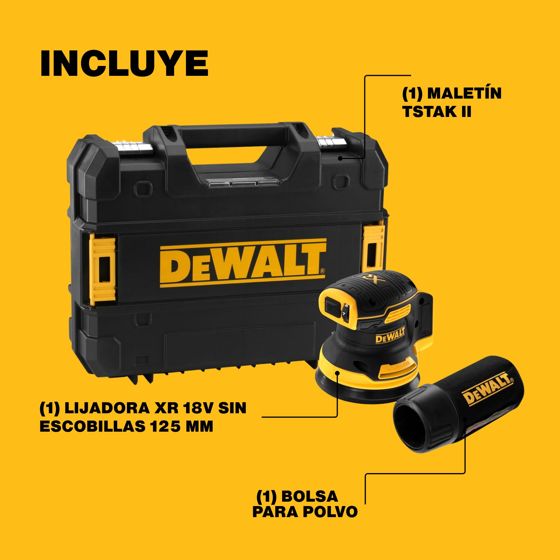 DEWALT DCW210NT-XJ - Lijadora Rotorbital sin Escobillas XR 18 V Diámetro 125 mm Electrónica sin Cargador/Batería con Maletín Tstak II, Negro/Amarillo