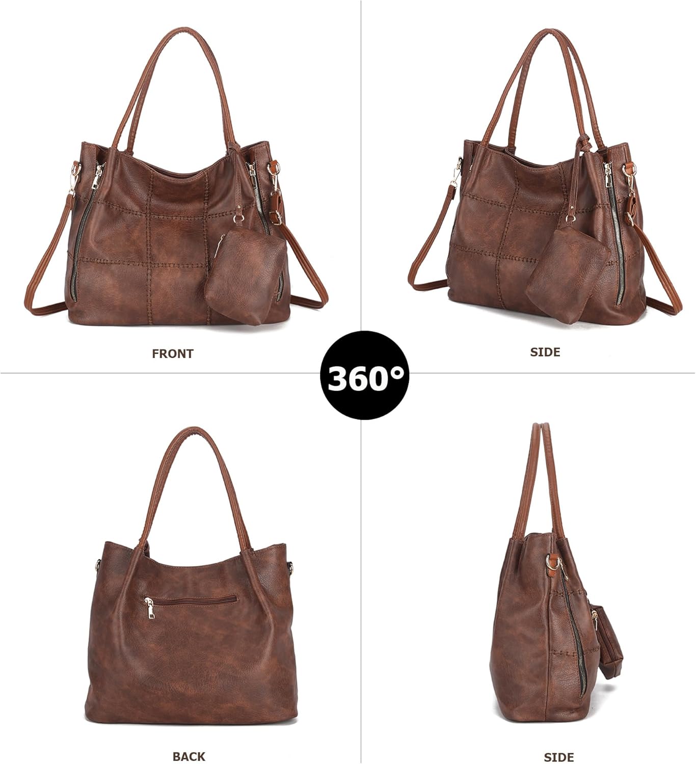 myfriday 2Pcs Soft Tote Handbags for Women Set, Vegan Leather Slouchy Shoulder Handbag Top Handle Satchel Purse - Image 4