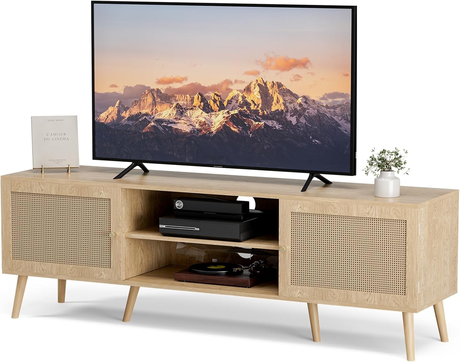 TV Stand for TVs up to 65'', Entertainment Center With Rattan Door, Shelves & 2 Cabinets, Long Boho Media Console for Living Room, Natural - Image 8