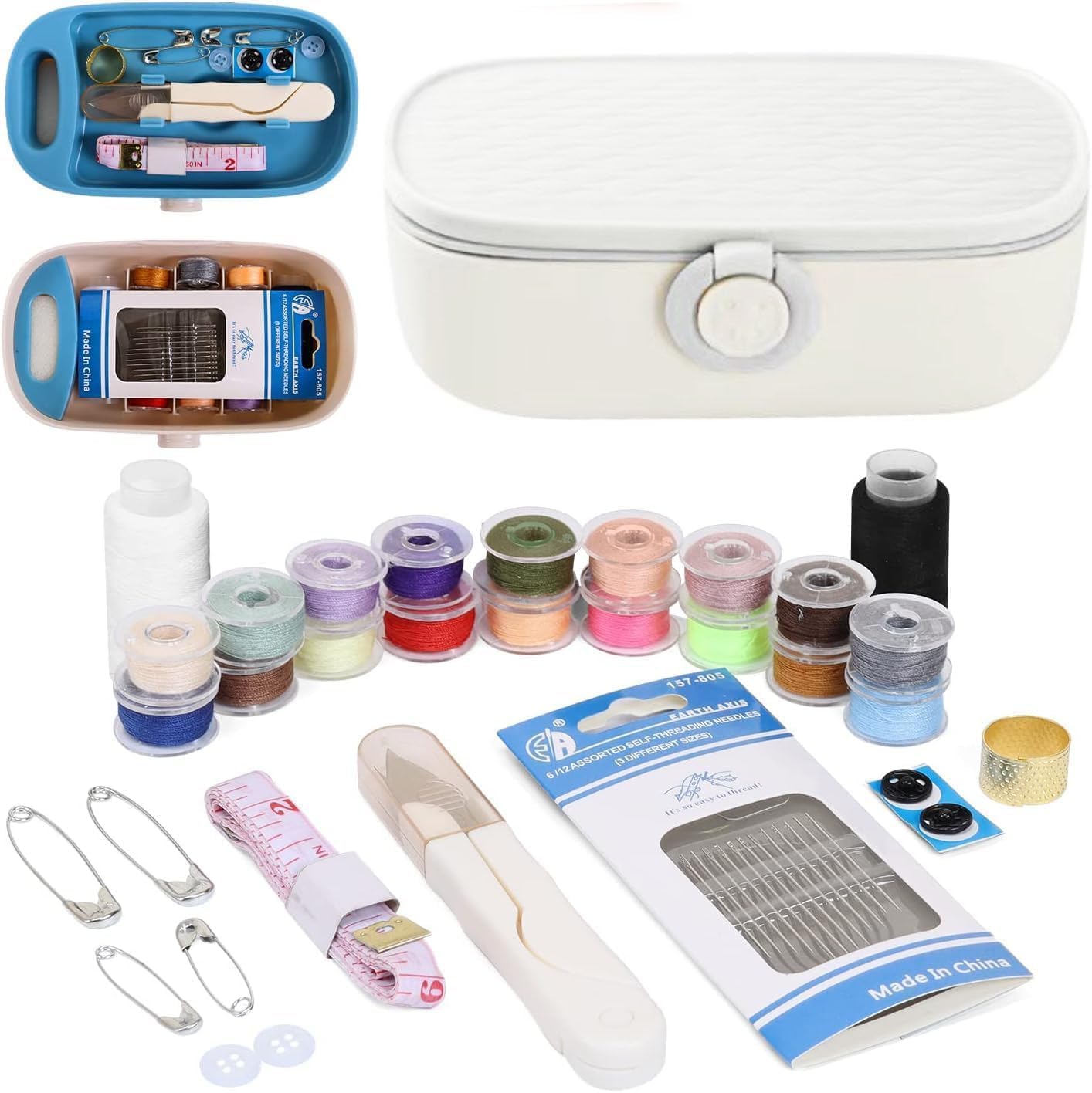 Sewing Kit with Case, Portable Sewing Box Organizer, Needle and Thread Kit with 20 Color Threads, Self Threading Needles, Scissors, Tape Measure, Buttons, Safety Pins for Adults, Travel, Home