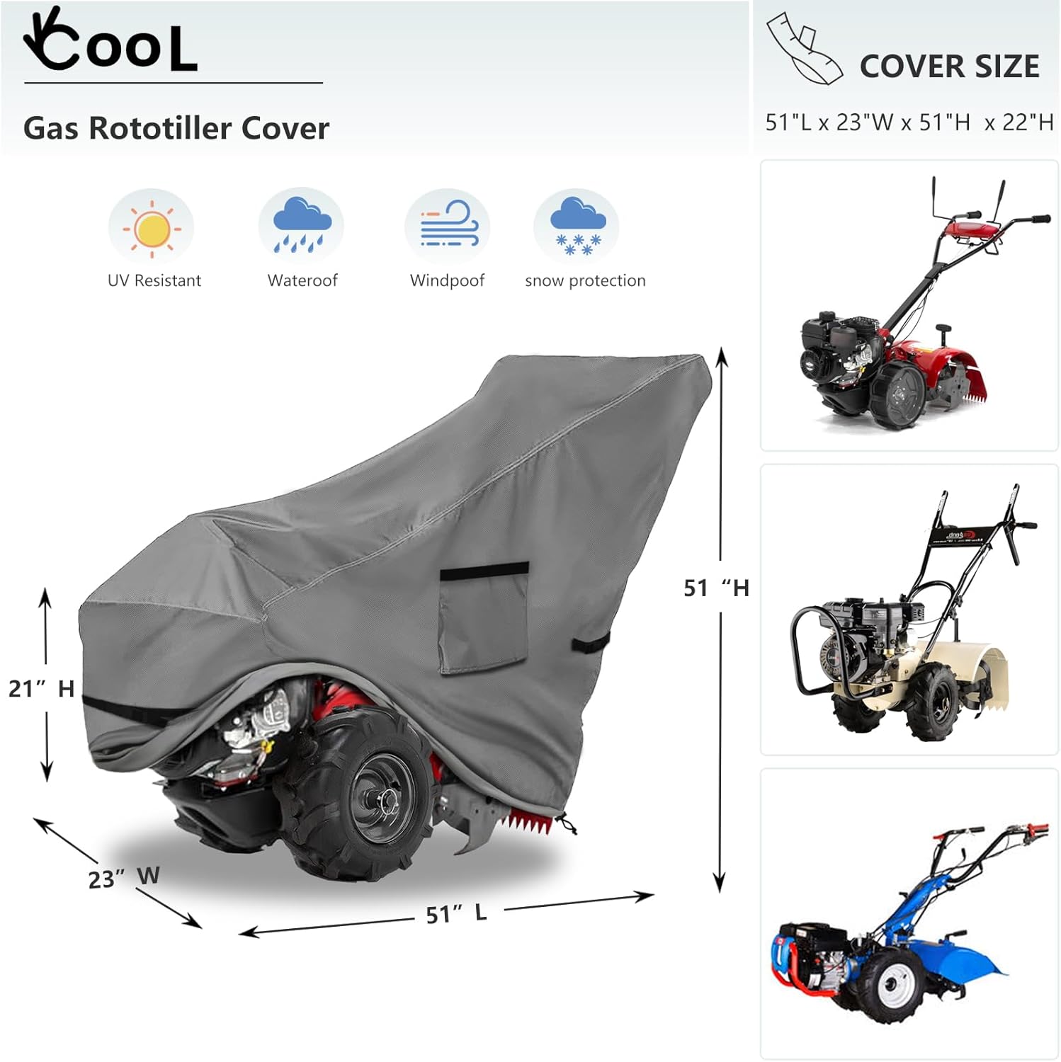 Okcool Gas Rototiller Cover,Waterproof Heavy Duty 600D Rear Tine Tiller Cover, Universal Tiller Cover with Air Vent (Grey)