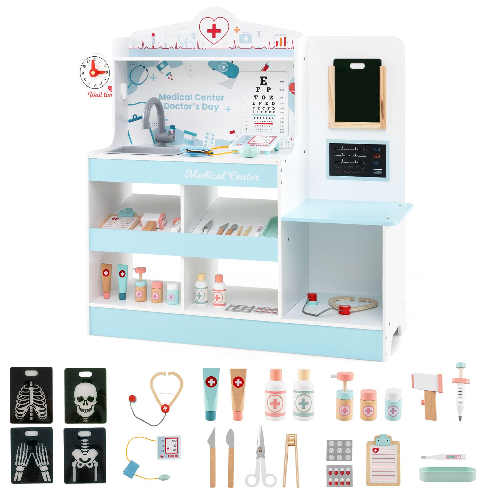 GOPLUS Juego de Doctor de Madera, Juego de Rol Médico con Estetoscopio, Monitor ECG, Película de Rayos X, Monitor de Presión Arterial, 24 Accesorios Médicos, Kit de Doctor para Niños de 3+ Años (Azul)