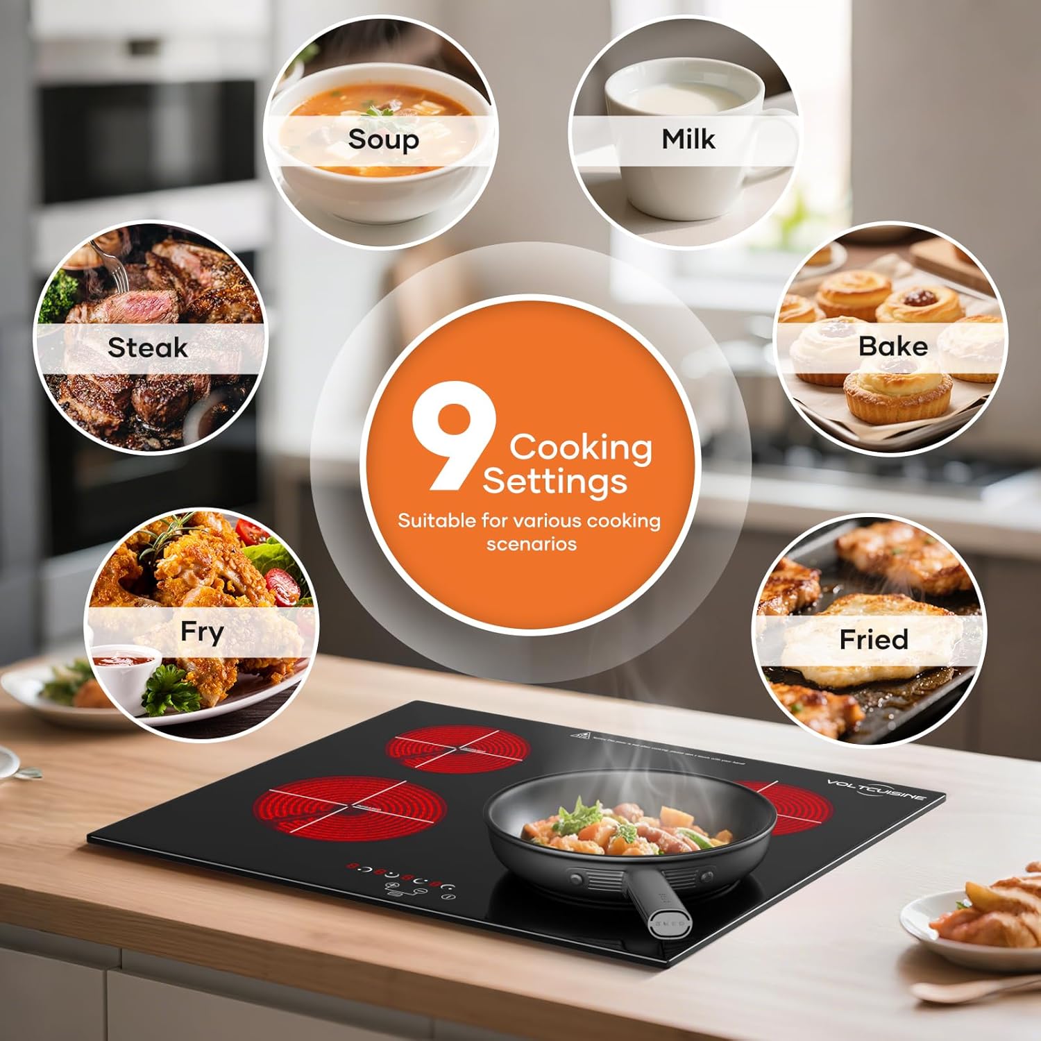 24" Electric Ceramic Radiant Cooktop, 6000W Built-in 4 Burner Stove Top with 9 Heat Levels, Timer & Child Safety Lock, Hard-Wearing Glass Surface (220–240V)