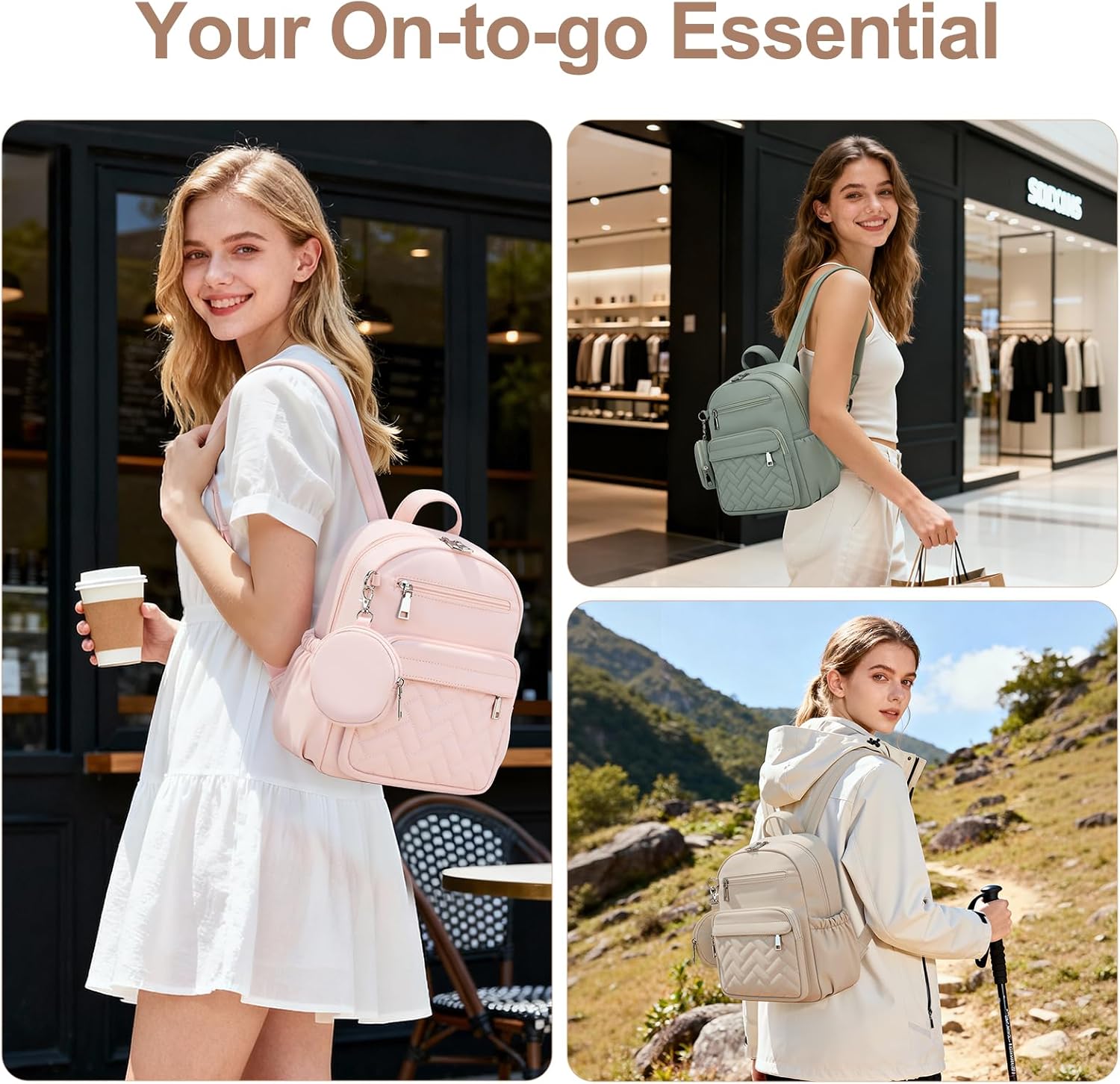 Mini Backpack for Women Small Backpack Purse, Anti Theft Backpack Waterproof Lightweight Puffer Back packs for Travel, Work with Coin Purse Khaki - Image 2