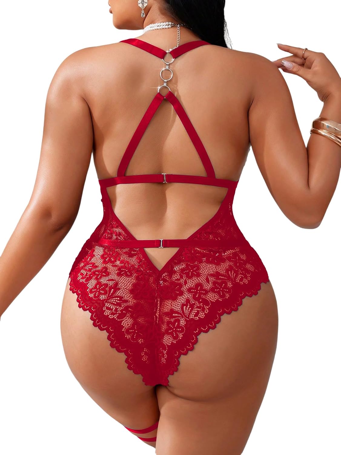 SOLY HUX Women's Plus Size Lace Lingerie Set Deep V Neck Teddy Bodysuit Babydoll Nightwear with Leg Ring - Image 2