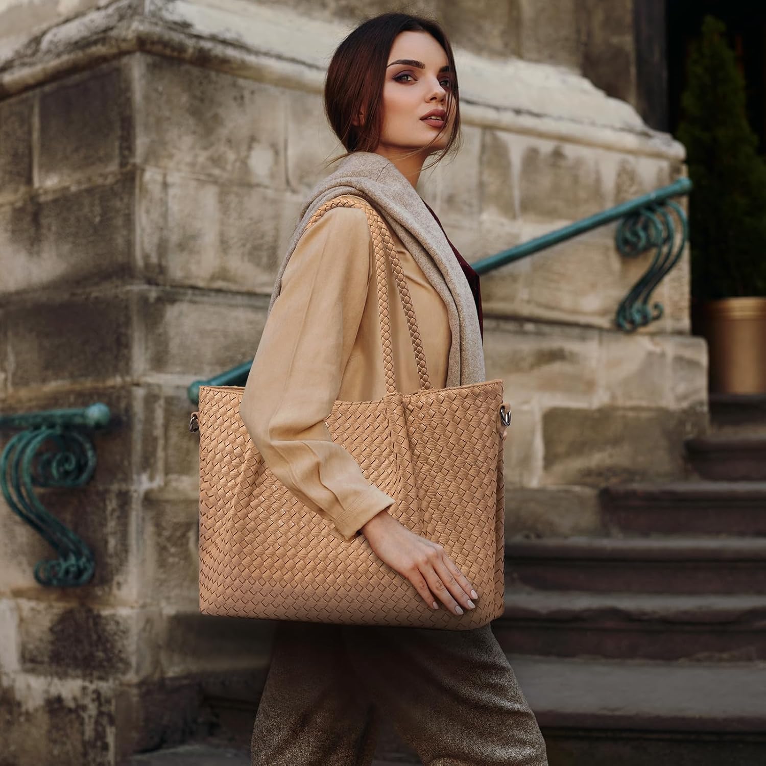 LOVEVOOK Woven Tote Bag for Women Vegan Leather Shoulder Handbag for Travel Work Crossbody Purse - Image 2