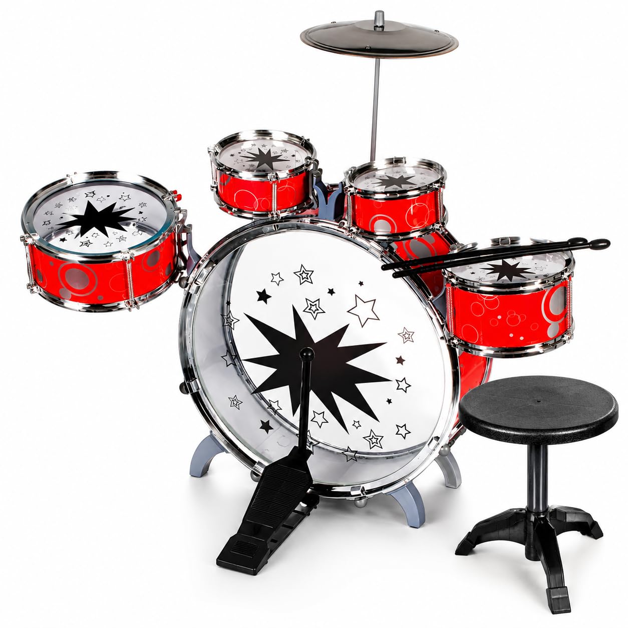 Musik-Schlagzeug für Kinder mit Hocker Schlagzeug Kinder Musikinstrumente mit 5 Trommeln 1 Teller 1 Hocker 2 Drumsticks Set Schlaginstrument mit klassischem Schlagzeugstuhl (A)