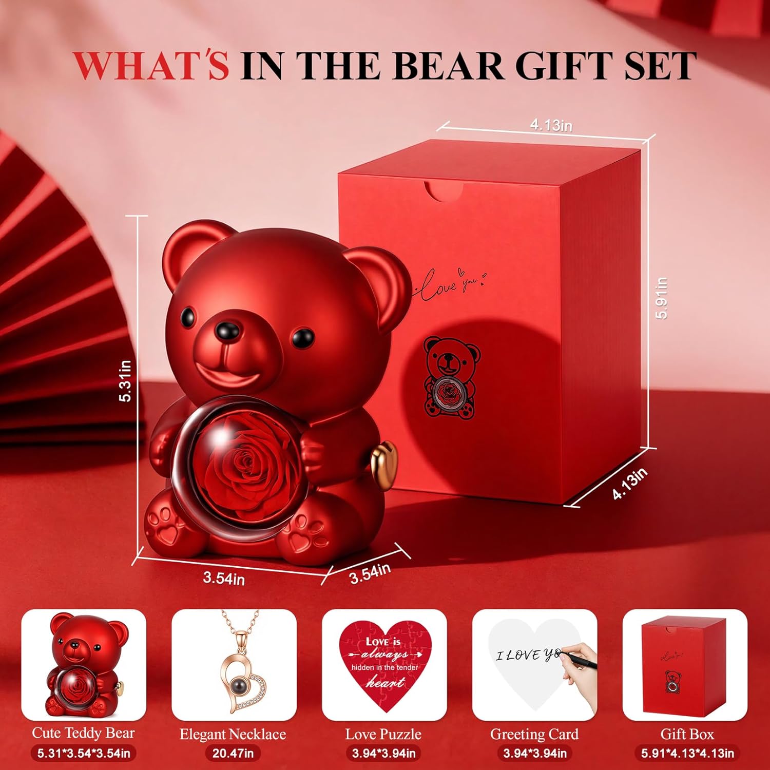 Cute Teddy Bear with Preserved Rose, Hidden Surprise Necklace Rotating Gift Box Valentines Day Gifts for Her, Romantic Eternal Rose Flowers for Birthday, Wedding, Anniversary, Mother’s Day - Image 3