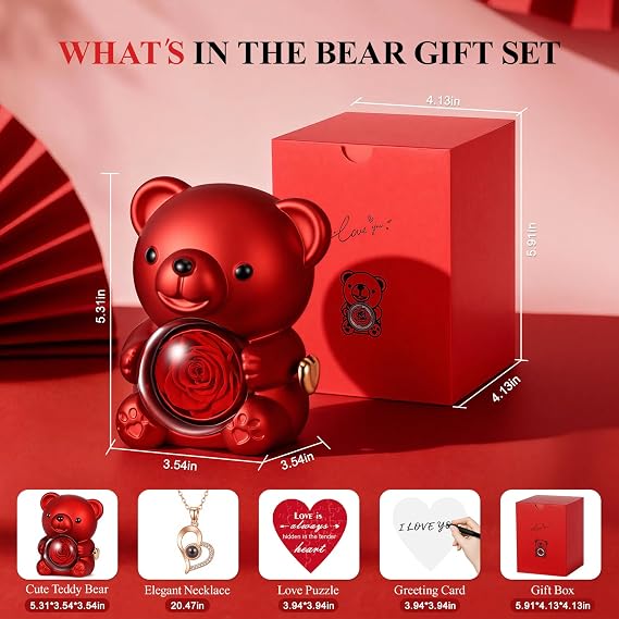 Hangerspace Cute Teddy Bear with Preserved Rose, Hidden Surprise Necklace Rotating Gift Box for Her, Romantic Eternal Rose for Birthday, Valentines Day, Mothers Day, Christmas