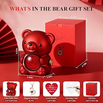 Hangerspace Cute Teddy Bear with Preserved Rose, Hidden Surprise Necklace Rotating Gift Box for Her, Romantic Eternal Rose for Birthday, Valentines Day, Mothers Day, Christmas