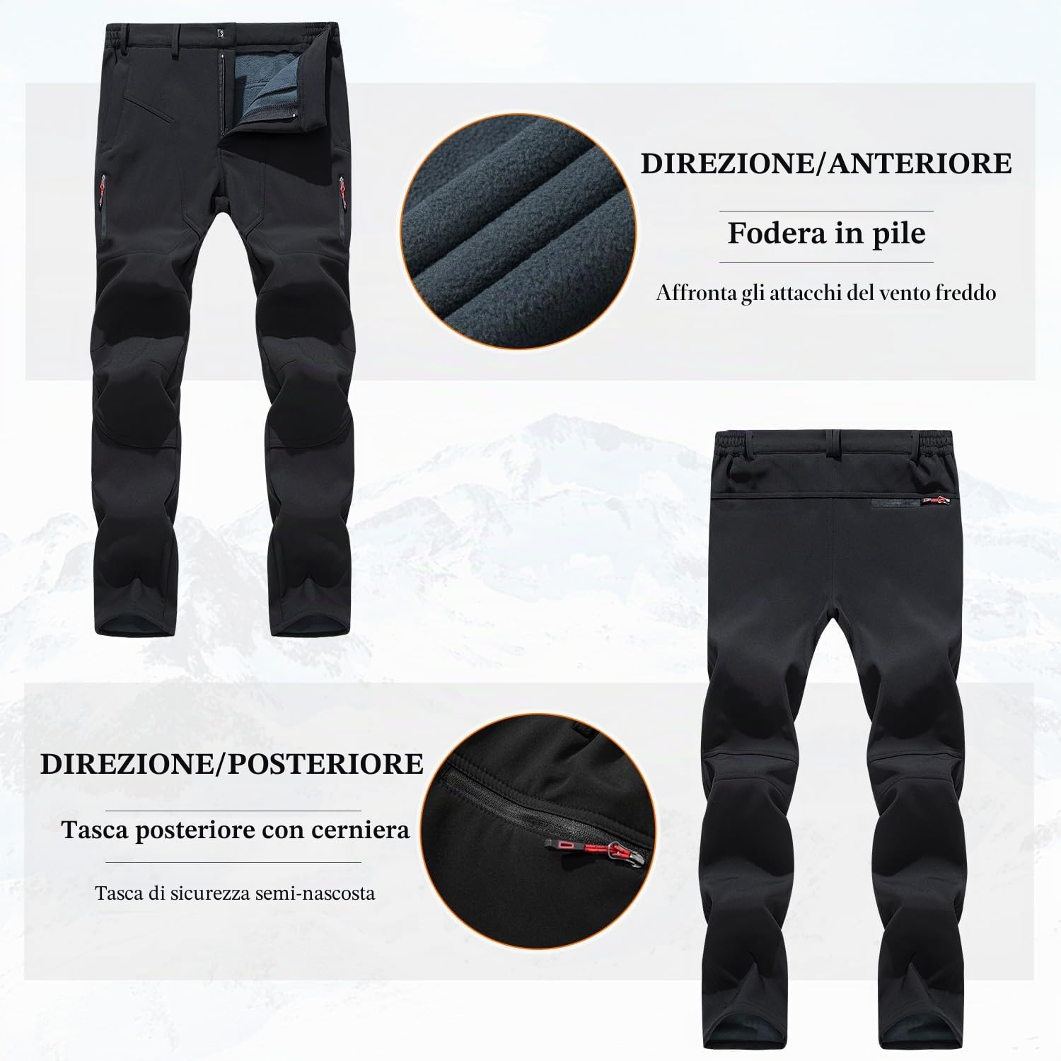 Uomo Outdoor Foderati in Pile Pantaloni Invernali Resistenti all'Acqua per la Pesca Passeggiate Escursioni Softshell Pantaloni da Sci