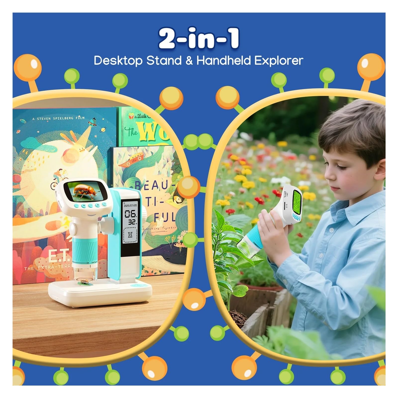 Microscopio e sveglia 2 in 1 for bambini - Giocattolo educativo STEM con luce, ingrandimento 1000X, Strumenti ampiamente utilizzati(Oranje)