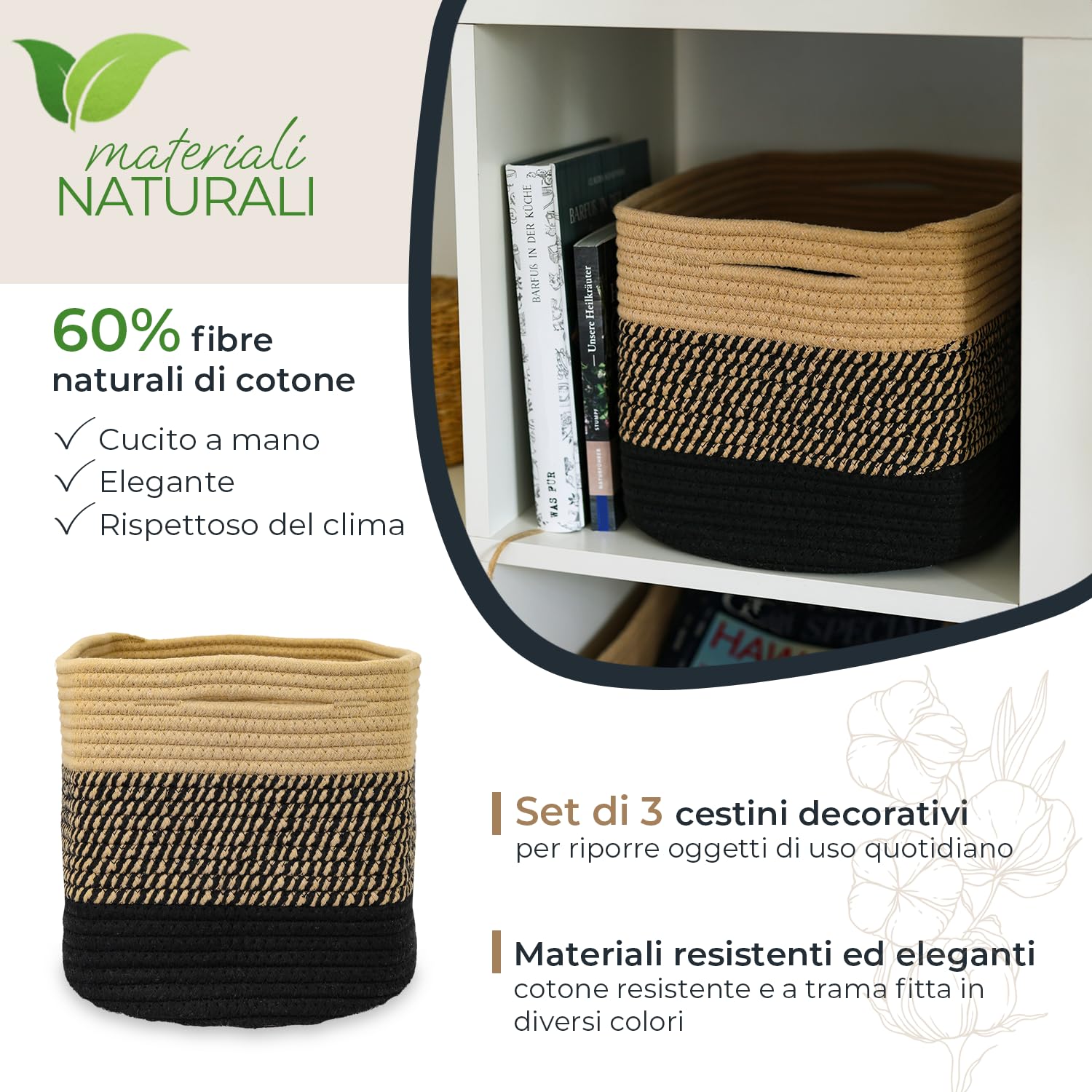 HMF - Cesto portaoggetti con maniglie nascoste, set di 3, cesto in cotone, dimensioni: 37,5 x 25 x 22,5 cm, colore: nero miele