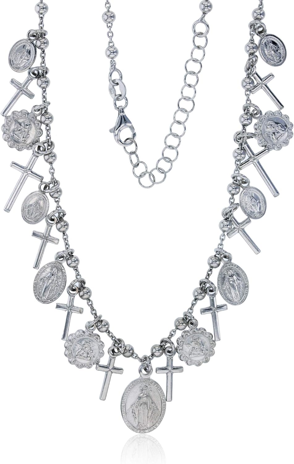 DECADENCE Sterling Silver Rhodium Virgin Mary & Crosses 18"+2" Beaded Rosary Necklace