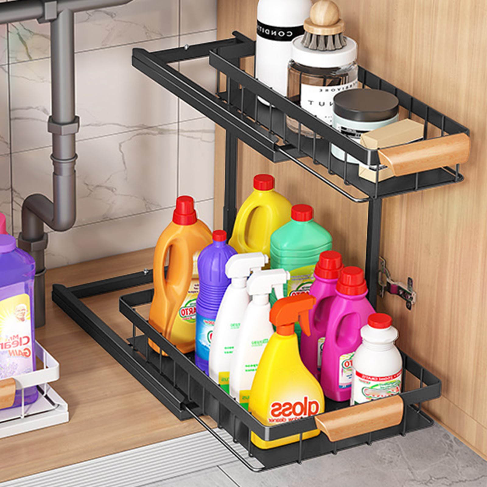 Organizador de almacenamiento para debajo del fregadero, estante deslizante de acero al carbono para armario de cocina, 27 x 36,5 x 37 cm, color negro
