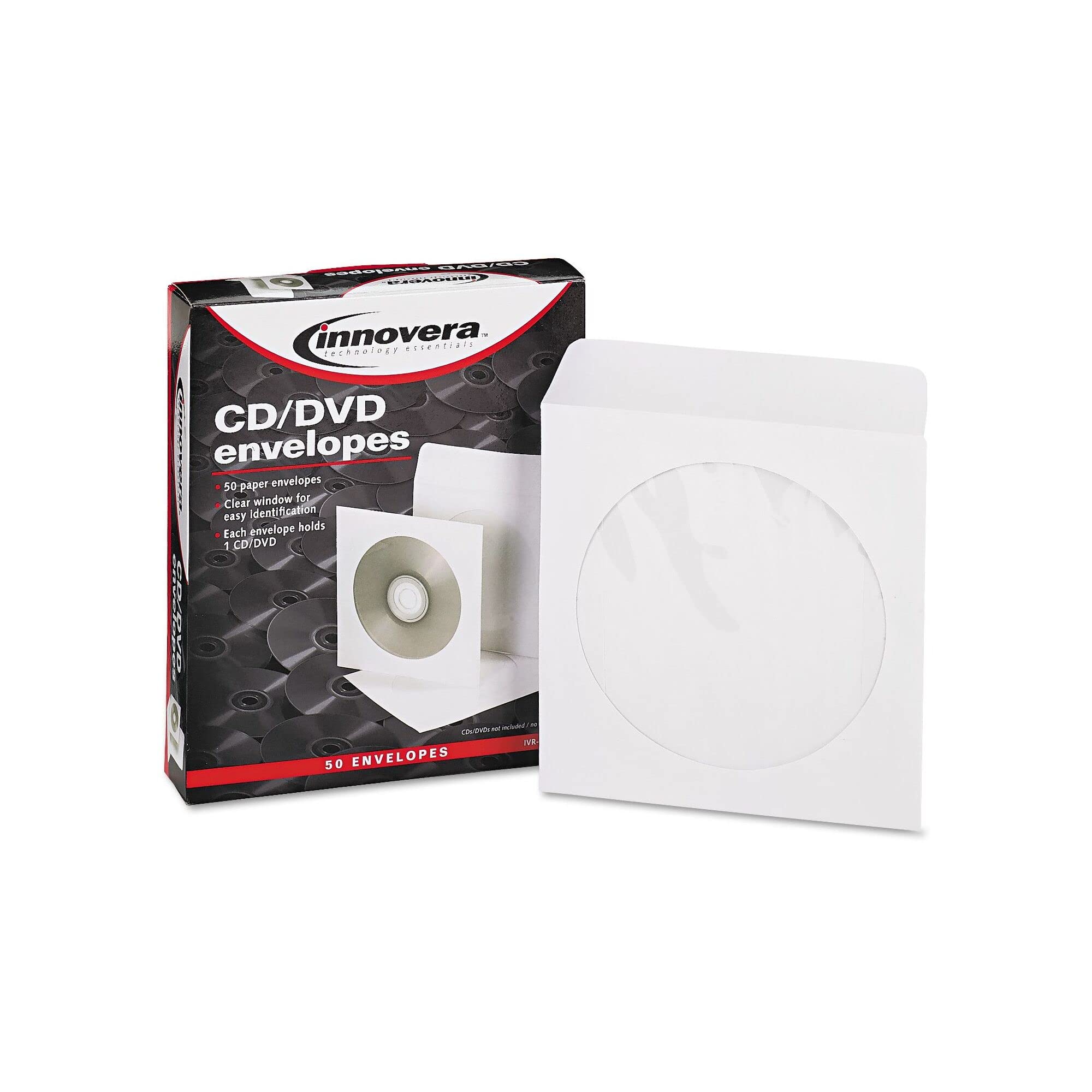 Innovera CD/DVD Envelopes w/Clear Window, White, 50/Pack