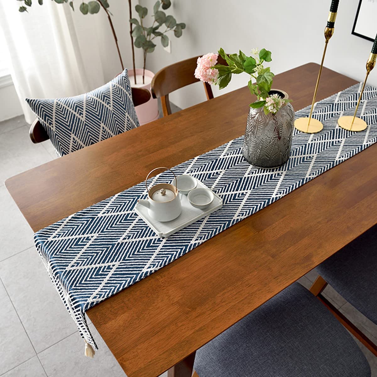 Camino de mesa rústico bohemio con borlas, mantel de granja a rayas para bodas, fiestas, cocina, decoración de mesa de comedor, 12 x 102 pulgadas