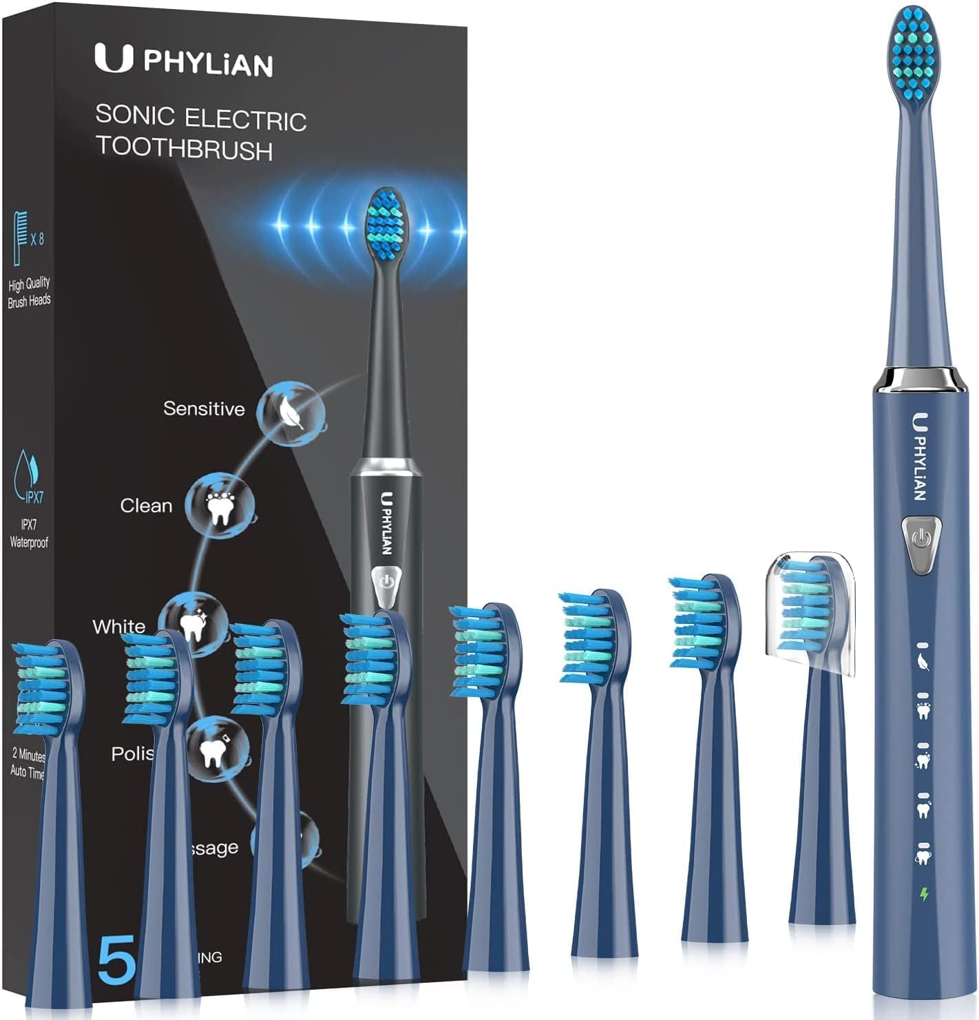 Cepillos de Dientes Electricos Sónico Hombres - Cepillo Electrico Adultos Infantil con 8 Cabezales, 5 Modos, Temporizador 2 Minutos, IPX7, Cepillos de Dientes Eléctricos Ultrasónicos, Azul, H7