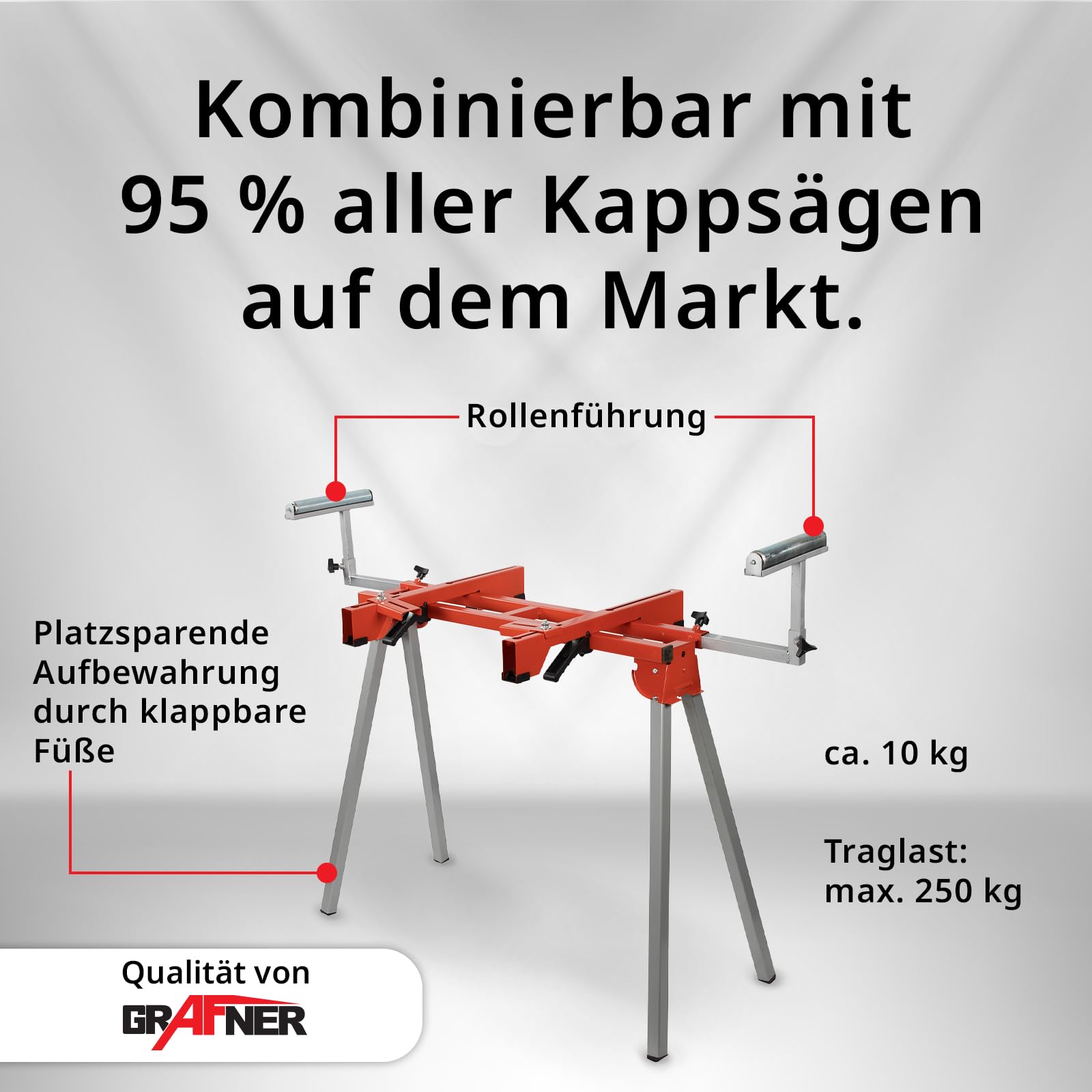 Grafner Maschinenuntergestell, für Maschinen wie Sägen und Bohrmaschinen, Traglast 250 kg, mit Rollen, Auflagen ausziehbar von 860-1600 mm, höhenverstellbar, Arbeitstisch Untergestell universal
