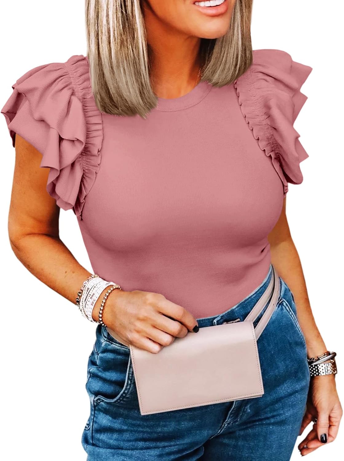 Womens Ruffle Short Sleeve Shirts Slim Fit High Neck Knit Ribbed Tops