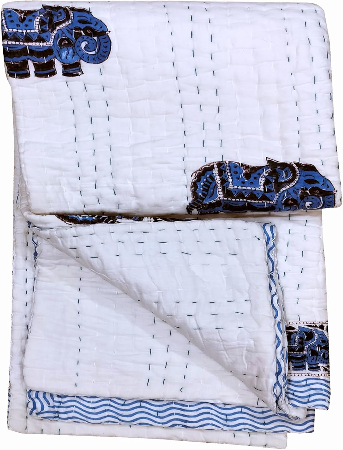 Generic kanthaNtapestryart Hand Block Elephant Printed, Cotton Filled Baby Quilt, Handmade Quilted Bed Cover, Baby Bed Cover, Baby Blanket, Blue