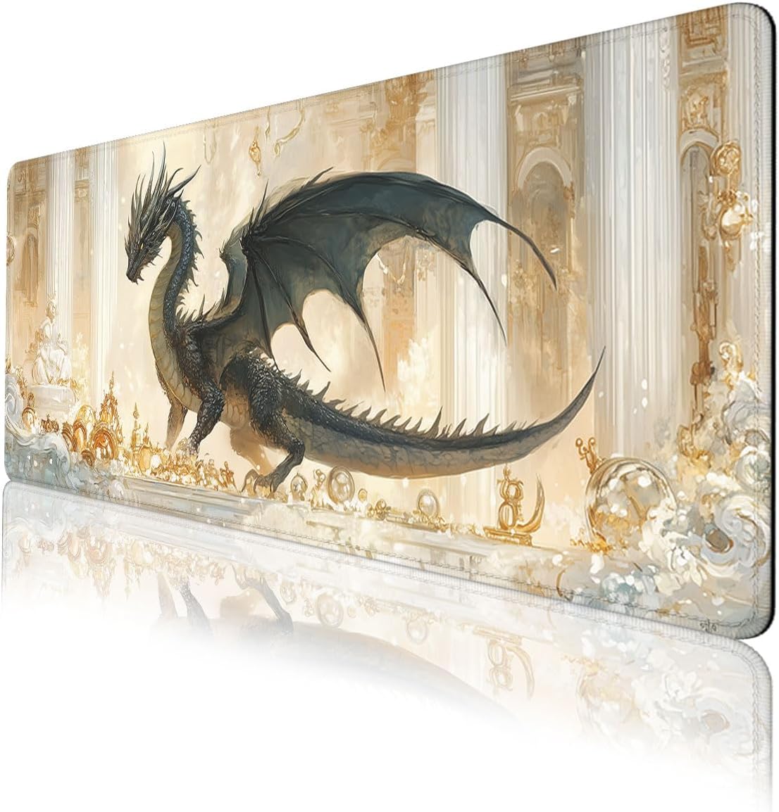 Fantasy Beast Desk Pad Mouse Pad Golden Palace Epic Dragon Large Gaming Mouse Mat with Stitched Edges,Non-Slip Waterproof Rubber Base Mous Mat Office Computer Keyboard Laptop Home 31.5"x11.8"
