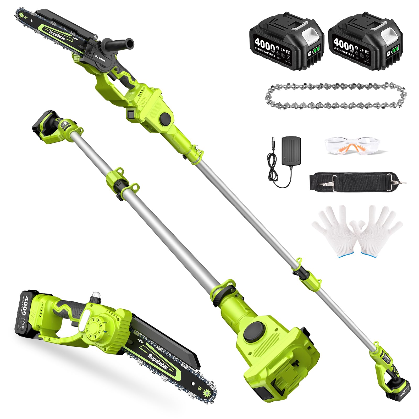 Supstable Potatore Telescopico a Batteria 2 in 1, 8 Pollici Mini Motosega Telescopica con 2×4000 mAh, Motore Brushless con Lubrificazione Automatica, Portata fino a 4,8m per Potatura Alberi e Giardino