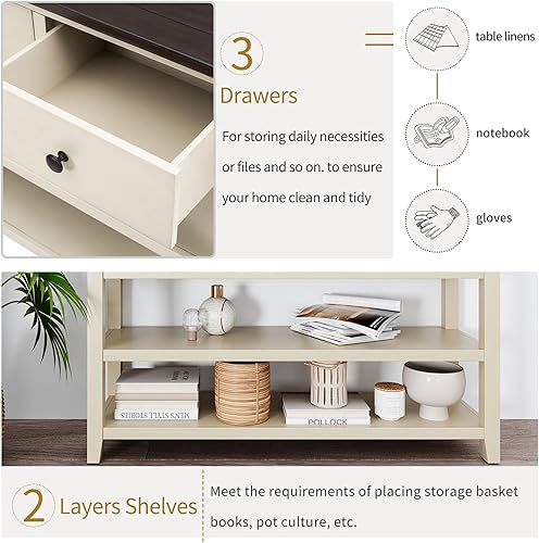 Miniatura 14 de Mesa consola retro con 3 cajones, mesa de entrada de madera maciza, mesa de sofá estrecha con estante, mesa de entrada estrecha, mesa de pasillo de