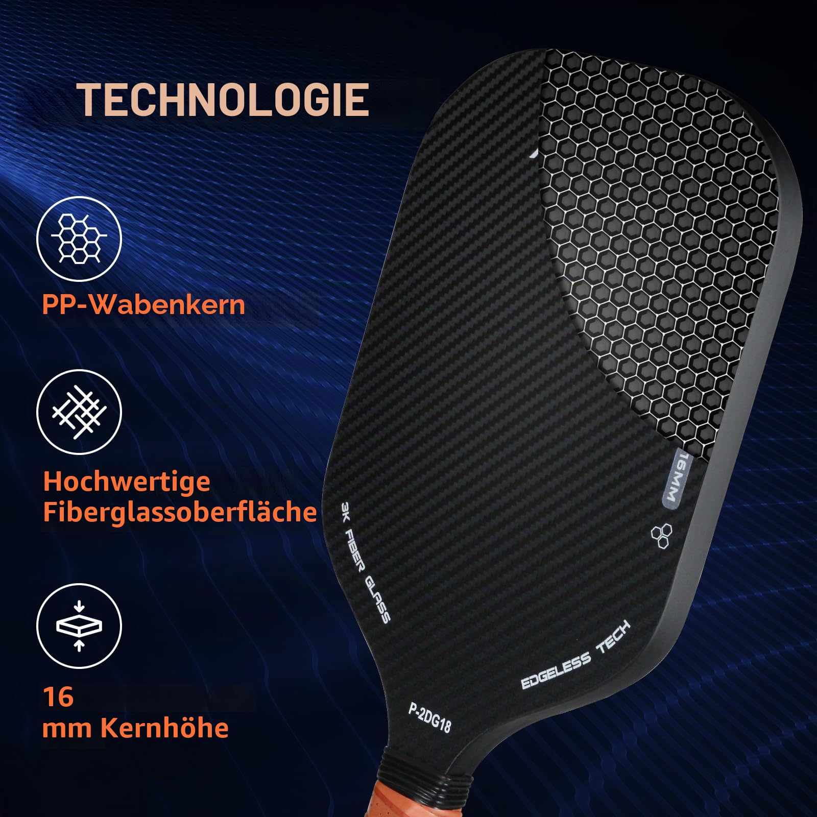Pickleball-Paddel, 2er-Set, 16 mm, kantenloses Pickle-Ball-Paddel mit 4 Bällen, echte 3K-Karbonoberfläche für Spin und Kontrolle, Geschenk für Männer und Frauen
