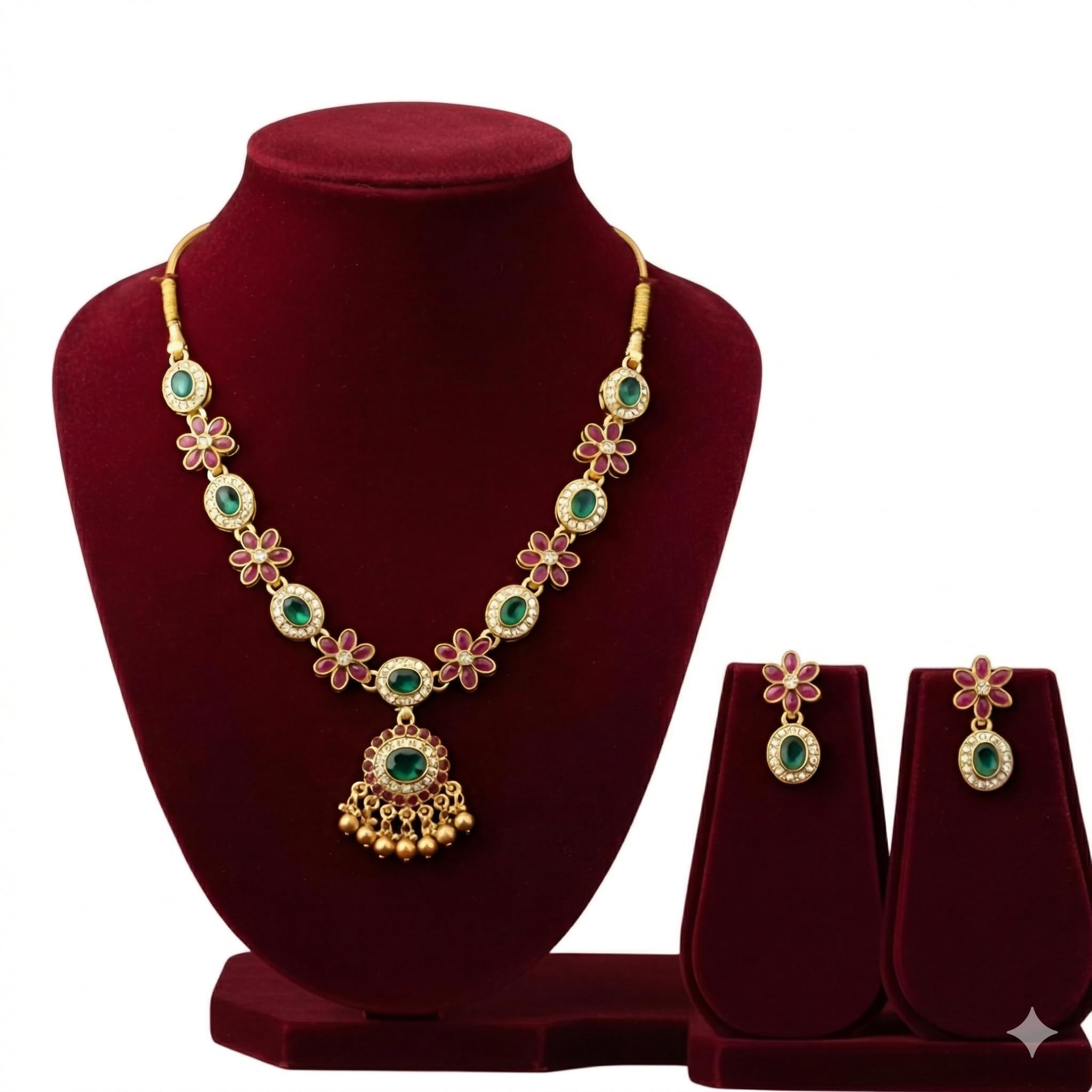 Gold-Toned Crystal Embellished Necklace and Earrings Jewellery Set, Floral Circular Design with Leaf Drops-image-22