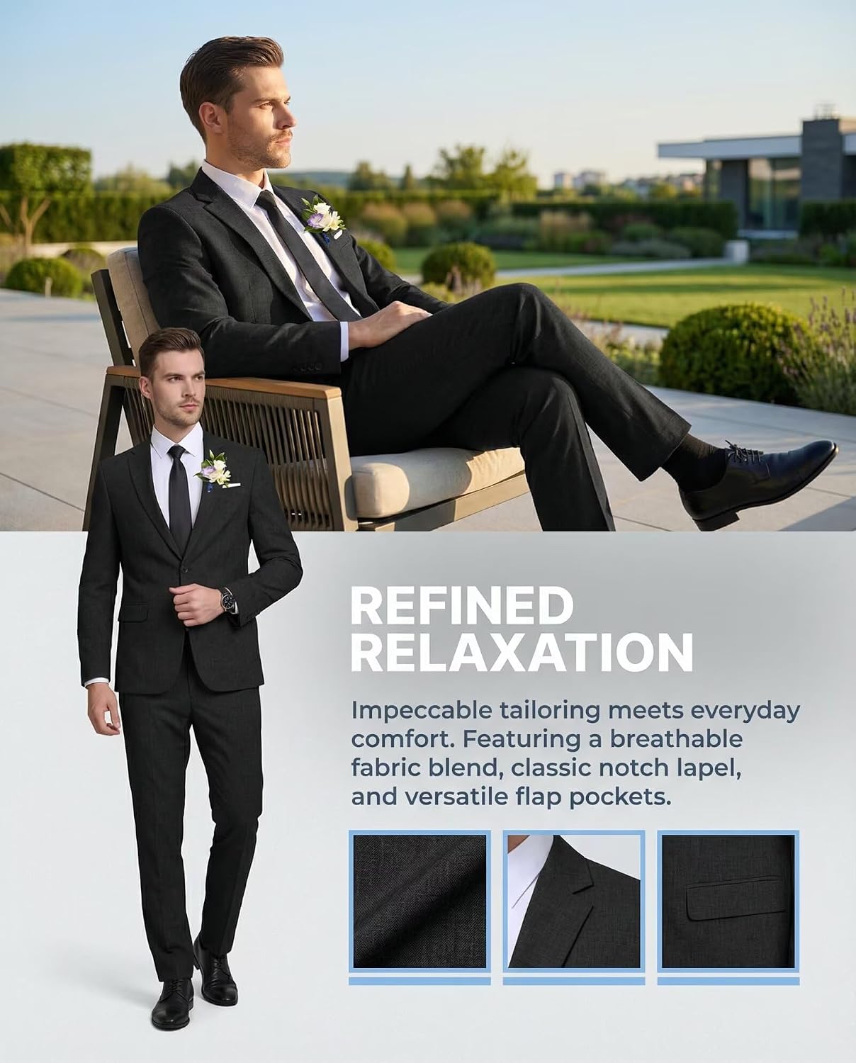 Men Casual Suits Classic Fit 2 Piece Suit One Button Lightweight Blazer Jacket Pants Set for Business Prom Wedding