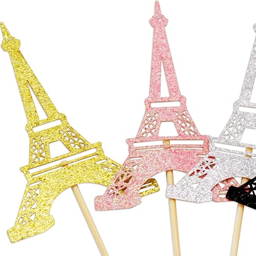 Miniatura 3 de 24 adornos para cupcakes de la Torre Eiffel, decoración de cupcakes con purpurina de París, despedida de soltera, decoración de boda