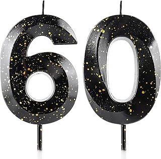 Number 60 Candles 60th Birthday Candles 3D Black Gold Happy Birthday Candle Premium Wax & 3D Diamond Design Cake Topper Decorations for Birthday Party Wedding Anniversary Celebration Supplie