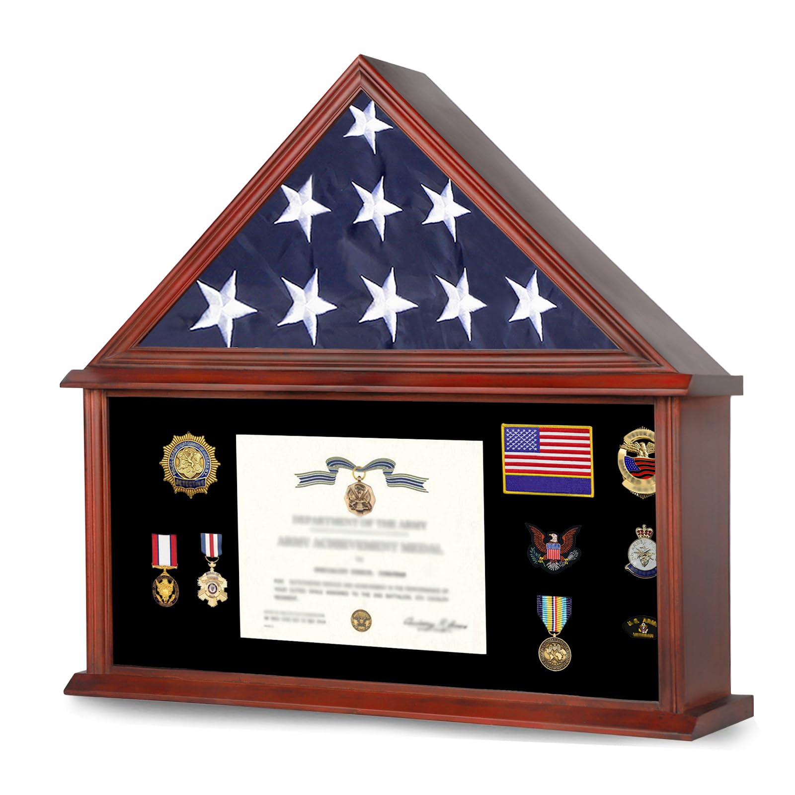 Large Burial Flag Display Case - American Solid Wood Military Shadow Box With Tempered Glass and Certificate Holder, Fits 5' X 9.5' Folded Flag, Mahogany Finish