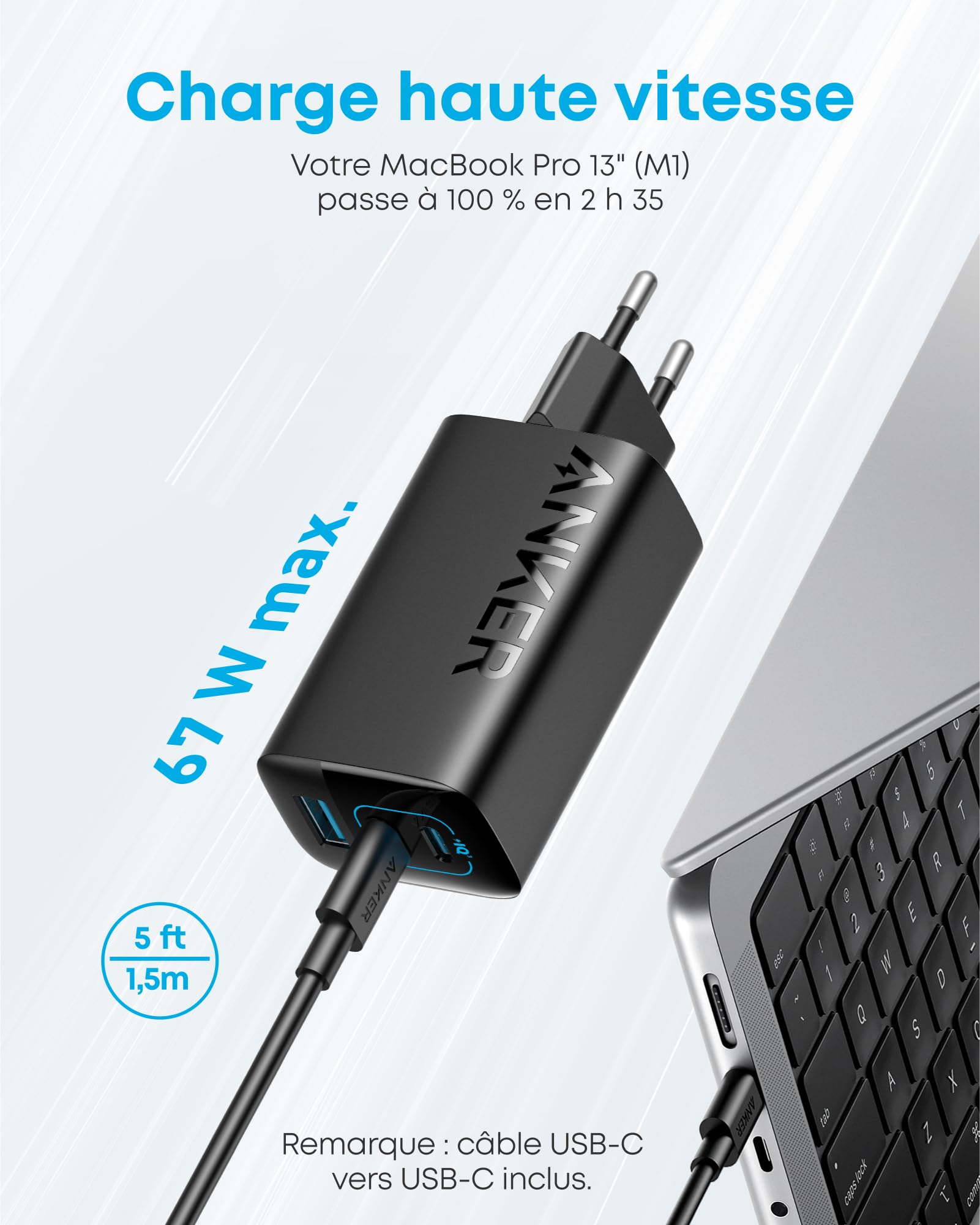 Anker 335 Chargeur USB C 67 W, Bloc d'alimentation Haute Performance avec PIQ 3.0, Chargeur Rapide 3 Ports, PD pour iPhone 16/15/14, MacBook Pro, iPad, Galaxy, Pixel et Autres (câble USB C)
