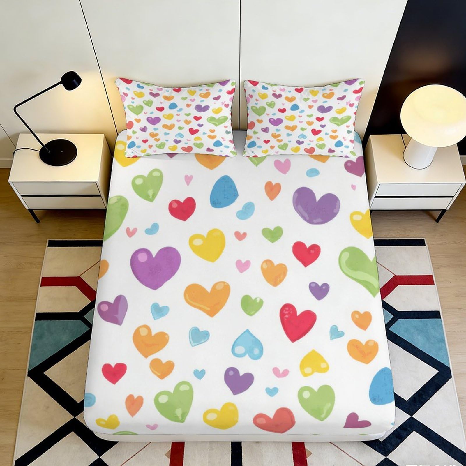 Dhbaneiok Style-10 3D Printed Colorful Hearts Fitted Sheet Microfiber Soft Bedroom Decor Rainbow Heart Bed Cover For Home Guest Room 90X200x25cm