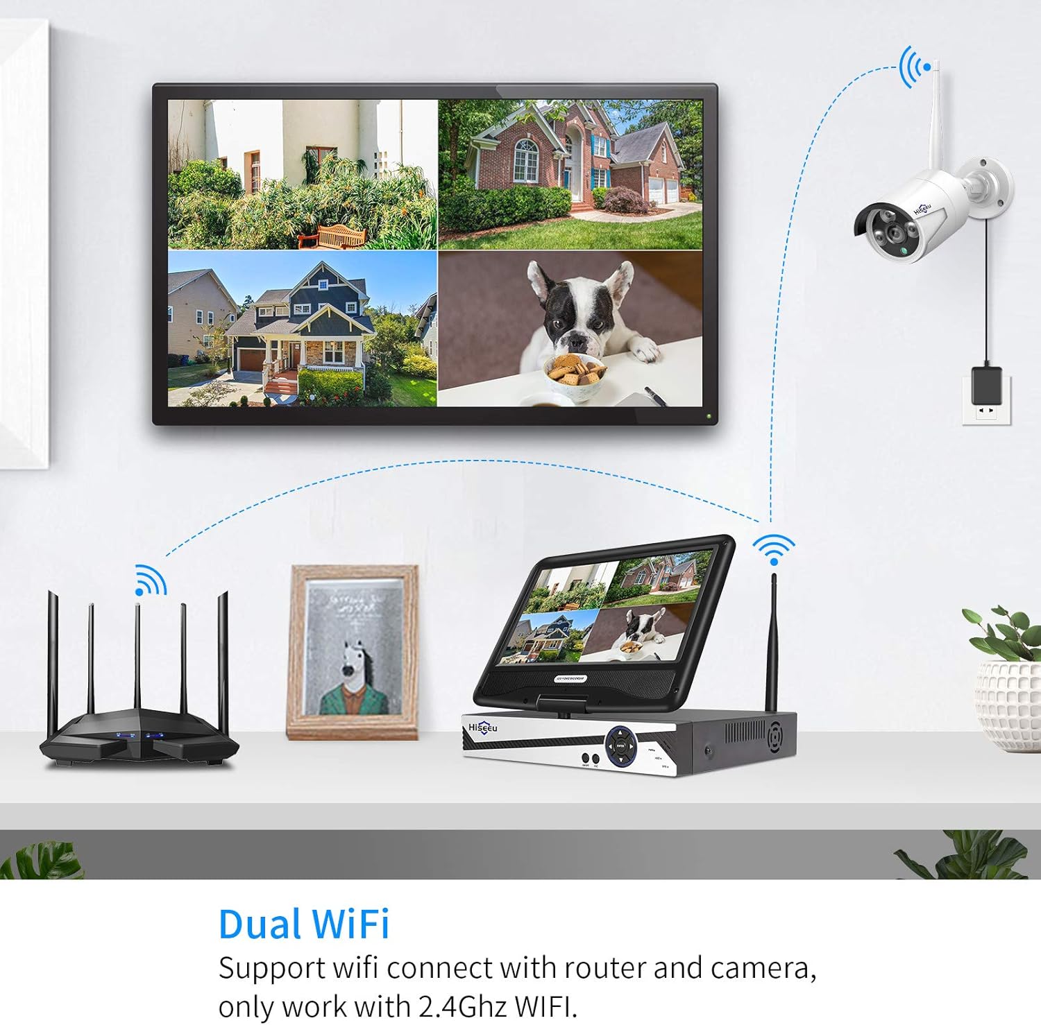 【No HDD】 10" LCD Wireless WiFi NVR, 16CH Network Video Recorder, Motion Detection Area Setup, Continuous 24/7 Recording, Compatible with Hiseeu Eseecloud 1080P/3MP/5MP Wireless Security Cameras