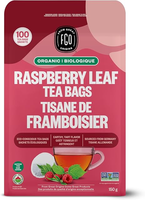 FGO Organic Red Raspberry Leaf Tea, 100 Count, Eco-Conscious Tea Bags, Resealable Bag, Packaging May Vary (Pack of 1)