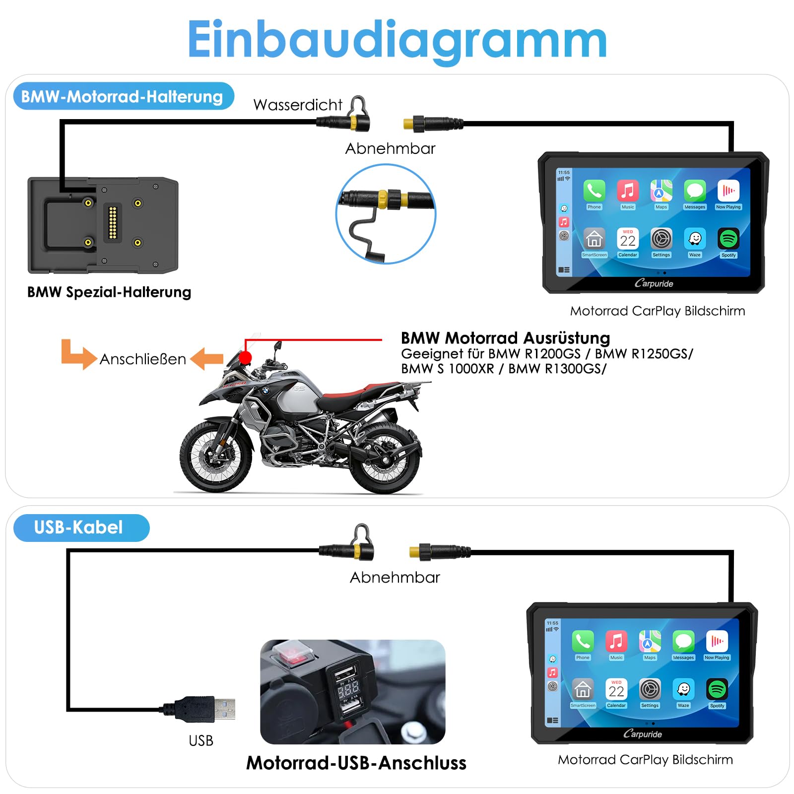 Carpuride W702B Motorrad GPS Carplay Bildschirm mit Design Halterung für BMW Motorräder, Kabelloses CarPlay und Android Auto, Tragbarer 7" Wasserdichter Touchscreen, Dual Bluetooth, Navigation, Siri.