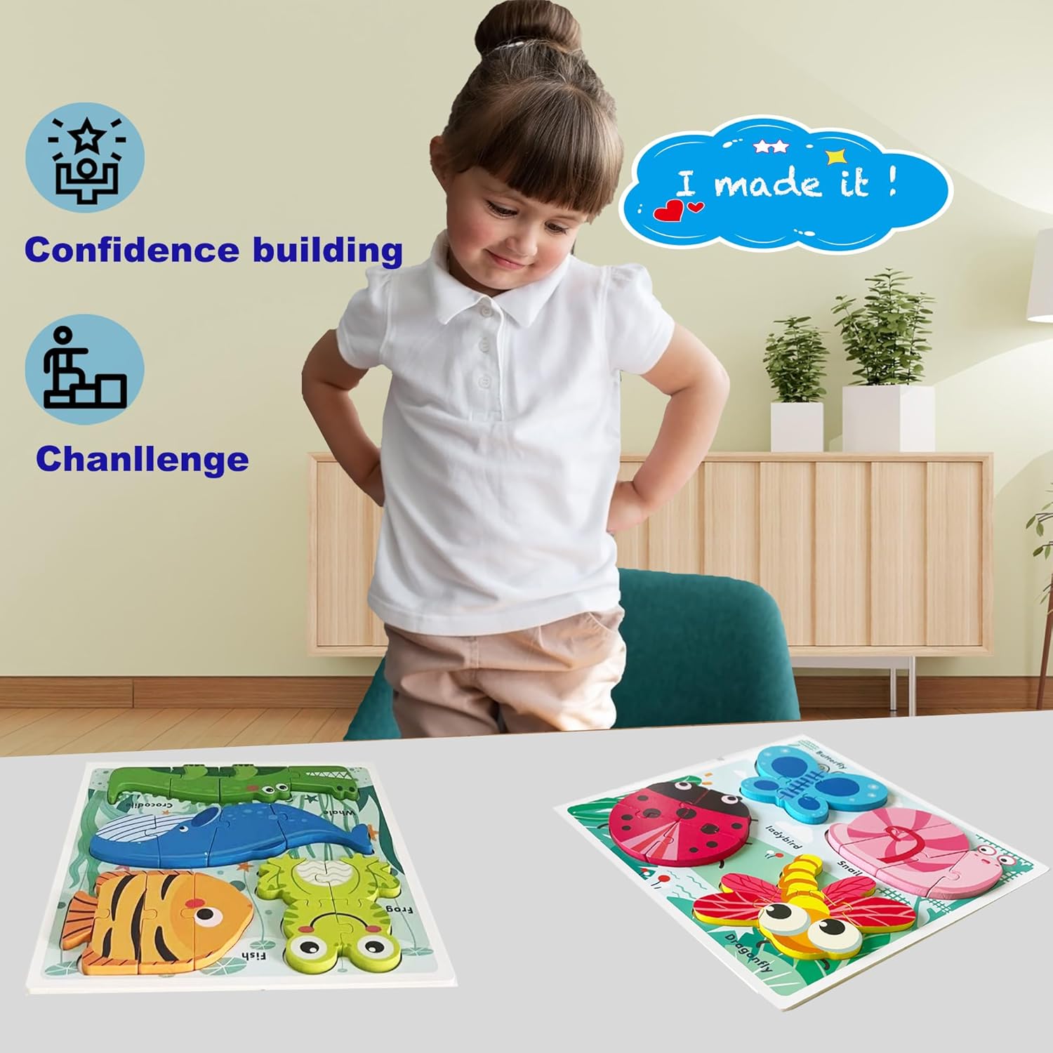 Montessori Toys Puzzle for 18-24 Month, Toddler Educational Wooden Jigsaw, Creature Matching & Sorting & Learning Toys for Ages 2-4