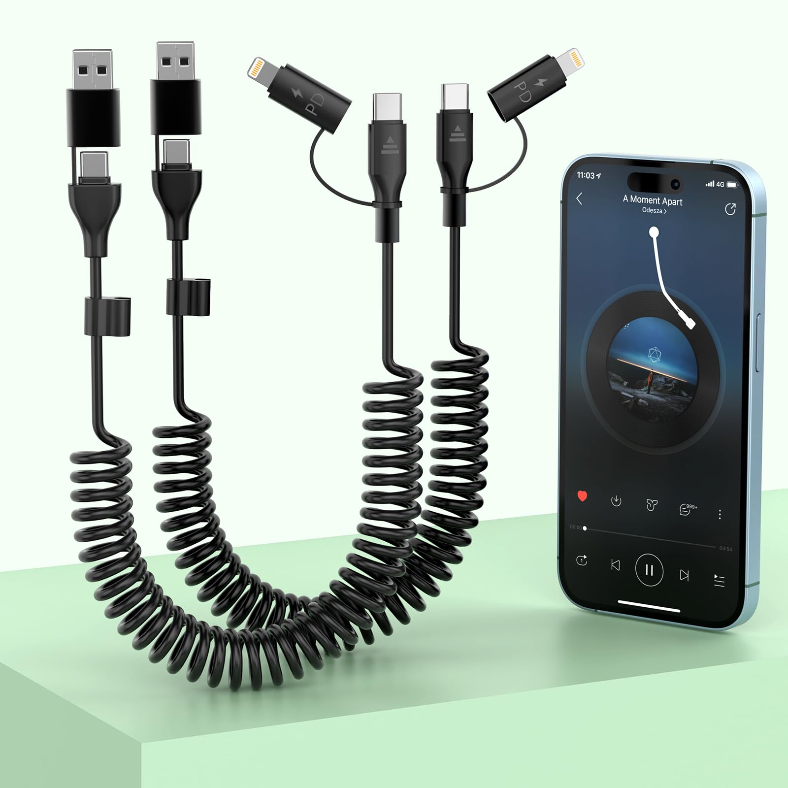 Câble Apple CarPlay spiralé USB Type C et Lightning pour recharge rapide - 8