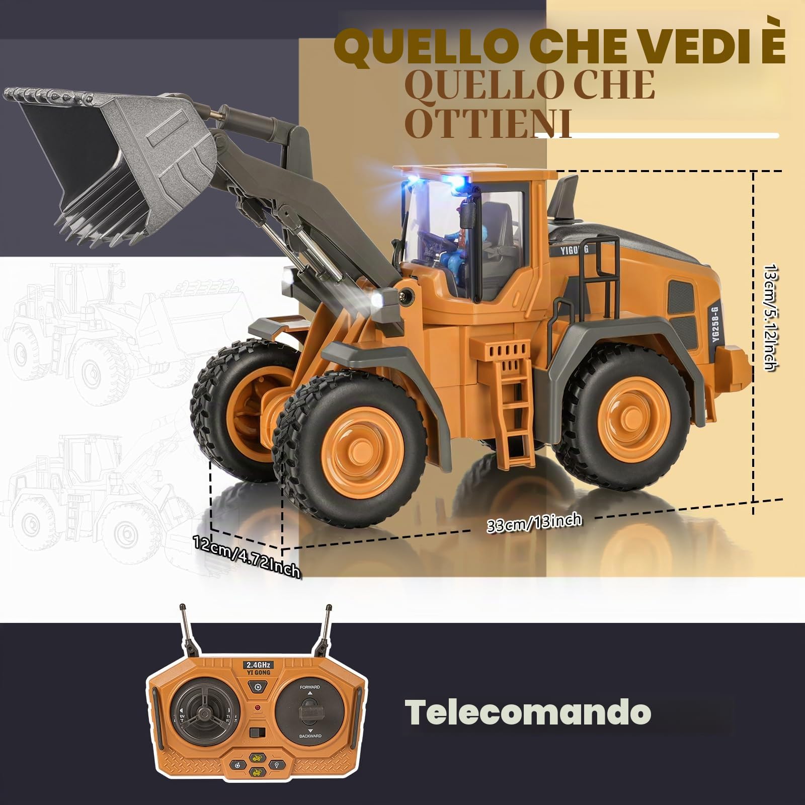maysida Escavatore giocattolo con telecomando, bulldozer con luci e suoni per bambini dai 3 ai 12 anni, escavatore RC da 2,4 GHz con pala in metallo, veicolo da costruzione, regalo di compleanno