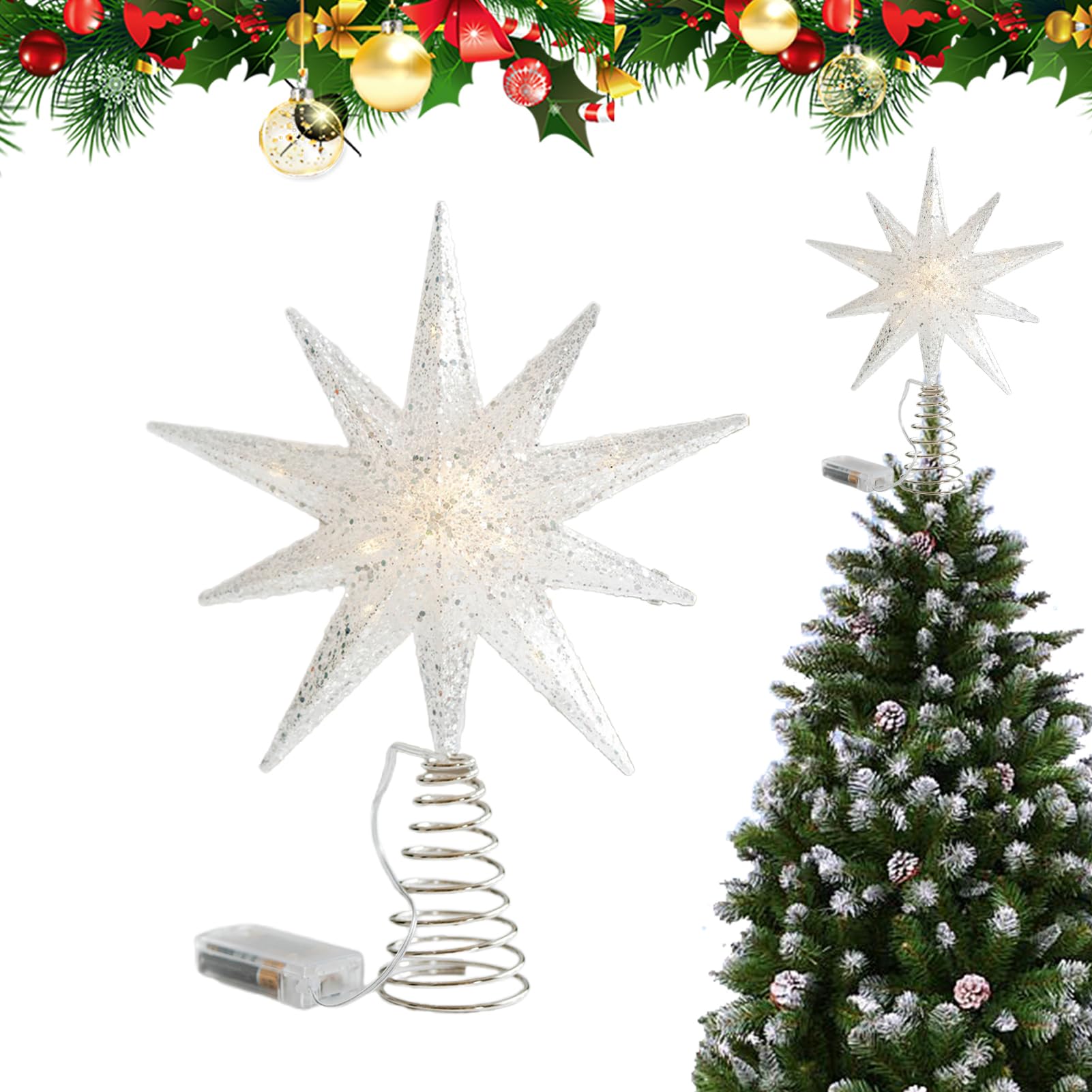 Estrella de luz LED para árbol de Navidad con purpurina brillante