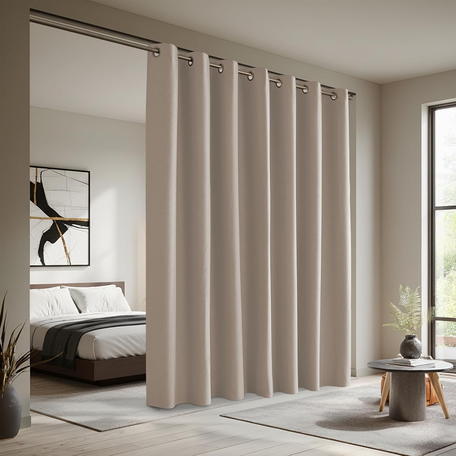 RYB HOME Mocha 100% Blackout Sliding Door Curtain Single Panel W80xL84, Wide Linen Blackout Drape for Bedroom/Apartment, Grommets Living Room Divider Curtain Privacy Protection&Thermal Insulated